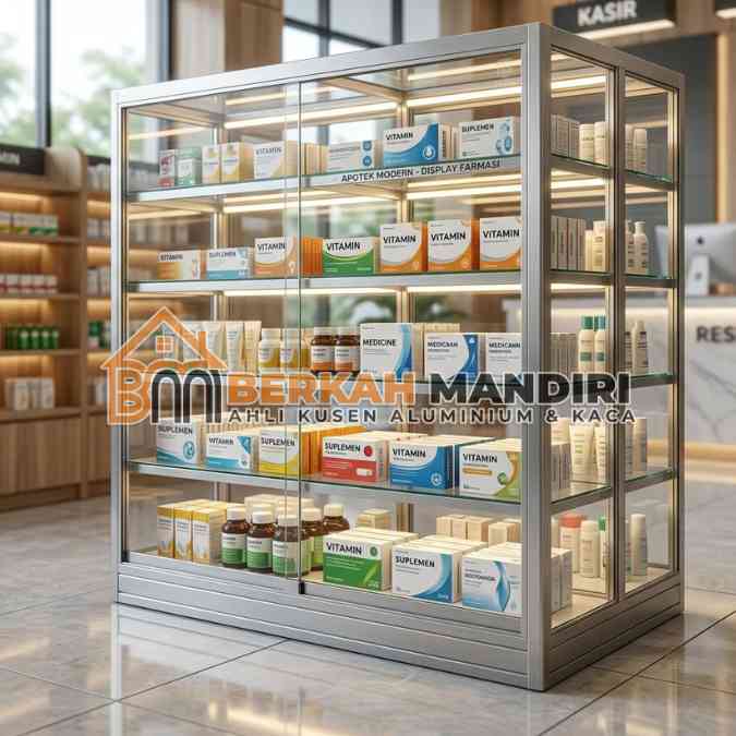 etalase apotek ukuran custom standar kemenkes