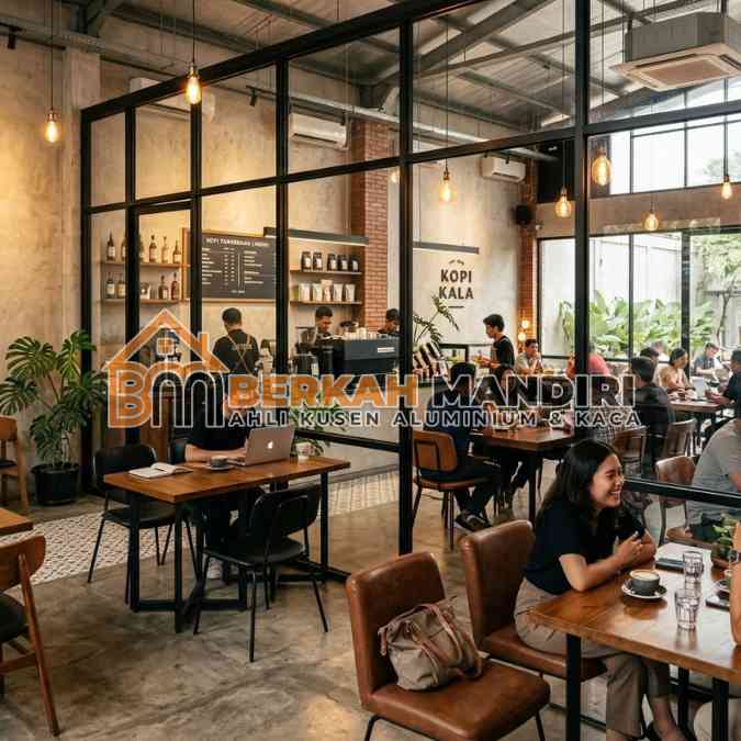 partisi kaca cafe Tangerang gaya industrial estetik