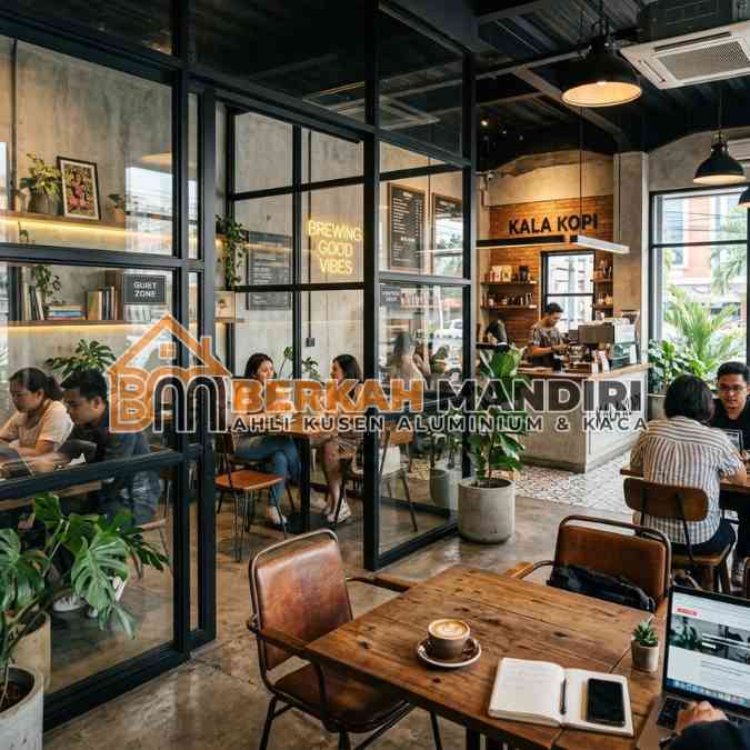 partisi kaca cafe Tangerang gaya industrial estetik