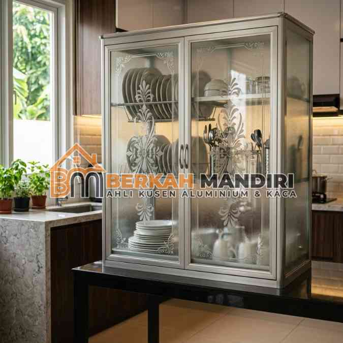 rak piring aluminium bekasi pintu kaca motif bunga